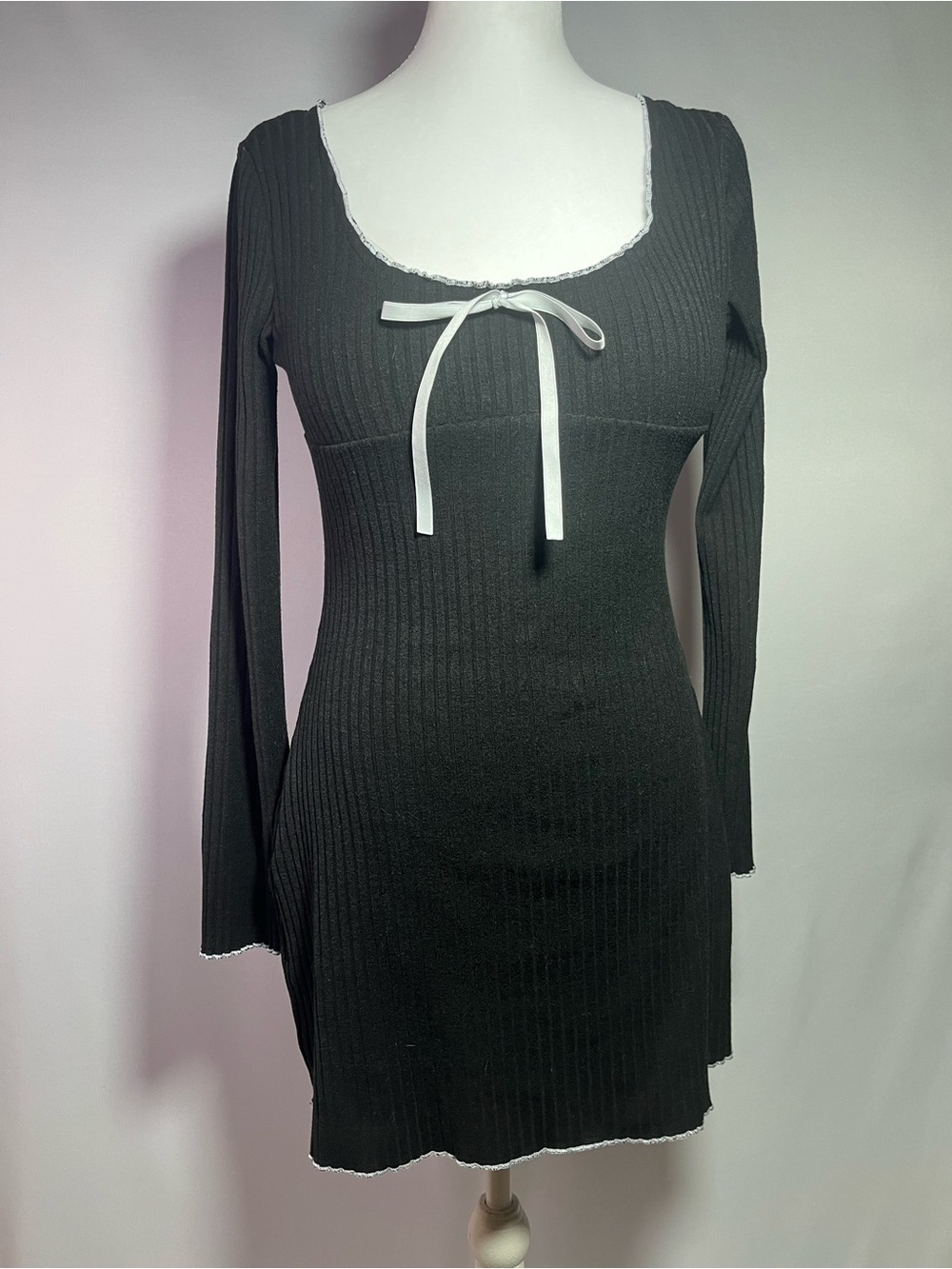Black Long Sleeve Ribbed Mini Dress with White Trim